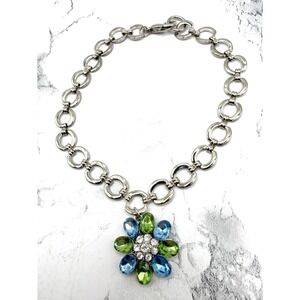 Aria Flower Charm Dog Necklace Blue Green Crystal 8–12" Lobster Clasp NWT